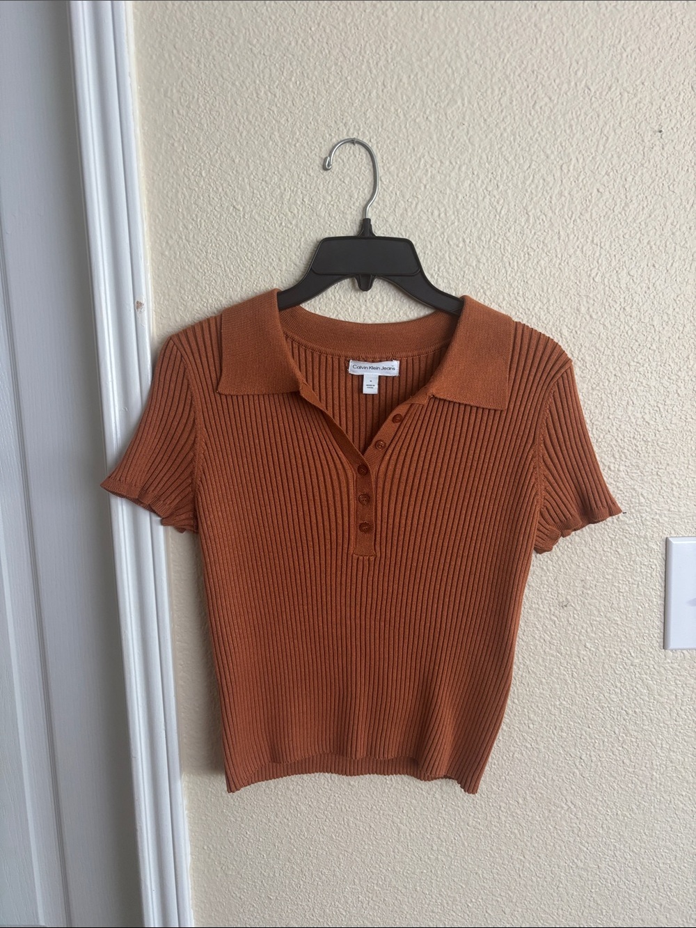 Calvin Klein Jeans Ribbed Polo Top in Rust Orange